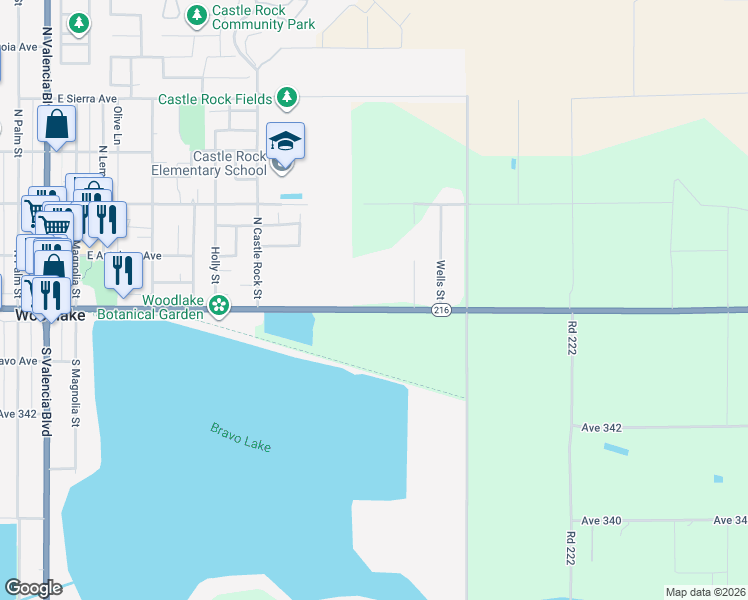 map of restaurants, bars, coffee shops, grocery stores, and more near 1156 East Naranjo Boulevard in Woodlake
