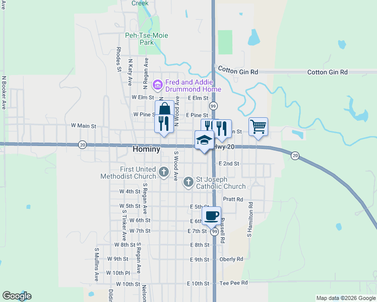 map of restaurants, bars, coffee shops, grocery stores, and more near 209 South Pettit Avenue in Hominy