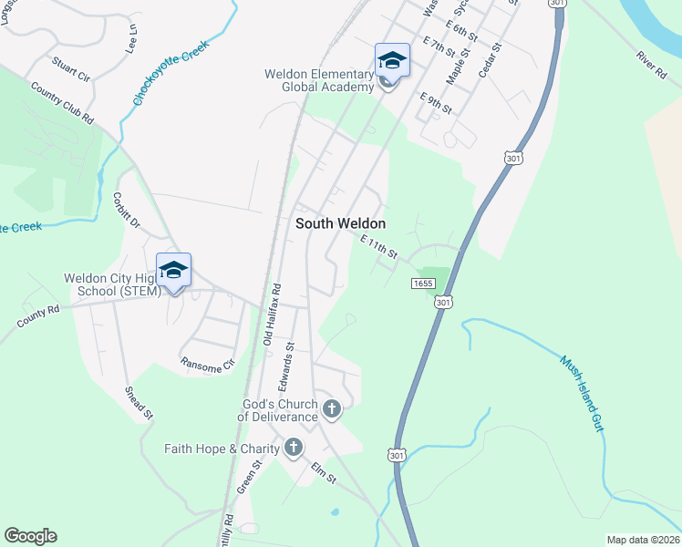 map of restaurants, bars, coffee shops, grocery stores, and more near 1211 Sycamore Street in Weldon