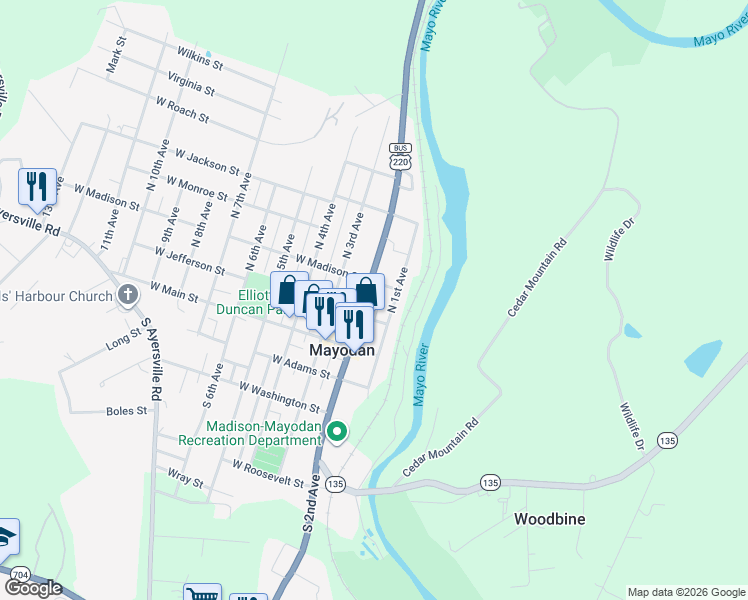 map of restaurants, bars, coffee shops, grocery stores, and more near 208 North 1st Avenue in Mayodan