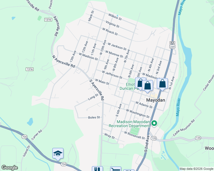 map of restaurants, bars, coffee shops, grocery stores, and more near 801 West Main Street in Mayodan
