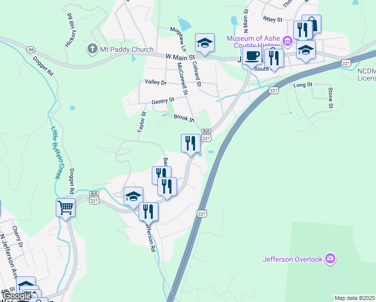 map of restaurants, bars, coffee shops, grocery stores, and more near 534 South Main Street in Jefferson