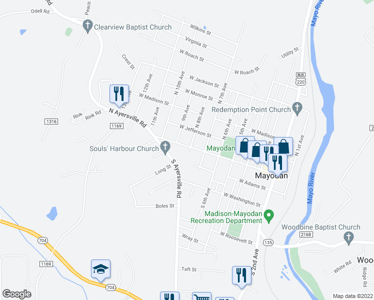 map of restaurants, bars, coffee shops, grocery stores, and more near 801 West Main Street in Mayodan