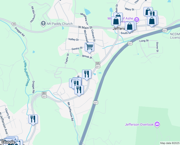 map of restaurants, bars, coffee shops, grocery stores, and more near 534 South Main Street in Jefferson