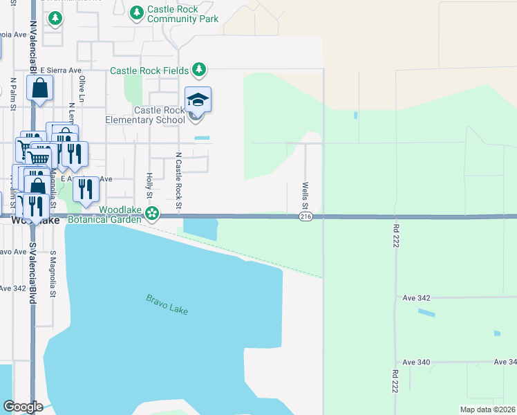 map of restaurants, bars, coffee shops, grocery stores, and more near 1156 East Naranjo Boulevard in Woodlake