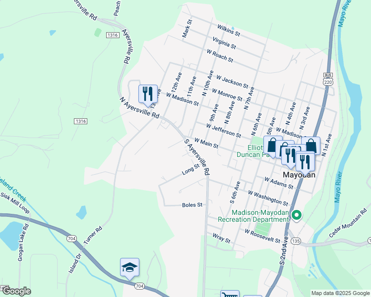 map of restaurants, bars, coffee shops, grocery stores, and more near 107 North Ayersville Road in Mayodan