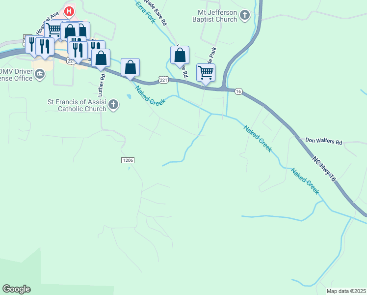 map of restaurants, bars, coffee shops, grocery stores, and more near 530 Glenn Bare Road in Jefferson