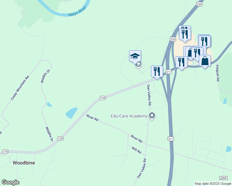 map of restaurants, bars, coffee shops, grocery stores, and more near 6914 North Carolina 135 in Mayodan