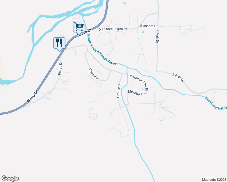 map of restaurants, bars, coffee shops, grocery stores, and more near 40922-40944 Grouse Dr in Three Rivers