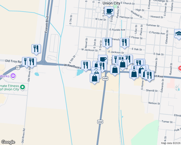 map of restaurants, bars, coffee shops, grocery stores, and more near 306 W Reelfoot Ave in Union City