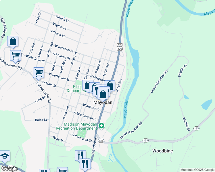 map of restaurants, bars, coffee shops, grocery stores, and more near 208 North 2nd Avenue in Mayodan