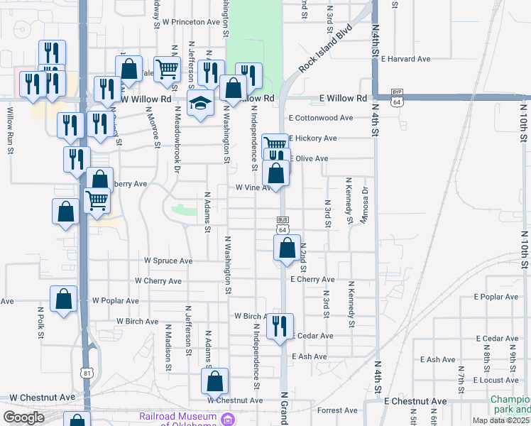 map of restaurants, bars, coffee shops, grocery stores, and more near 121 West Mulberry Avenue in Enid