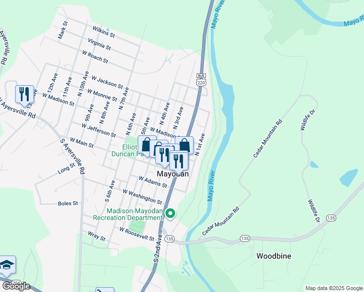 map of restaurants, bars, coffee shops, grocery stores, and more near 208 North 2nd Avenue in Mayodan