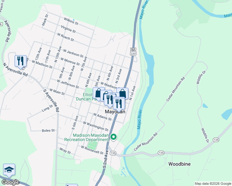map of restaurants, bars, coffee shops, grocery stores, and more near 204 North 2nd Avenue in Mayodan
