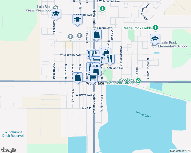 map of restaurants, bars, coffee shops, grocery stores, and more near in Woodlake