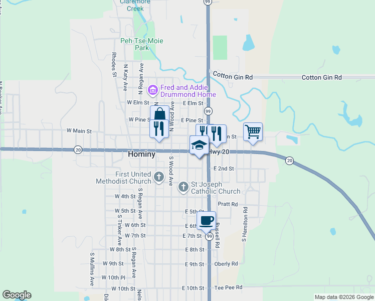 map of restaurants, bars, coffee shops, grocery stores, and more near 209 South Pettit Avenue in Hominy