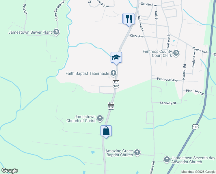 map of restaurants, bars, coffee shops, grocery stores, and more near 120 Clayburn Avenue in Jamestown