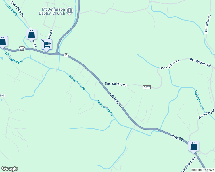 map of restaurants, bars, coffee shops, grocery stores, and more near 599 North Carolina 16 in Jefferson
