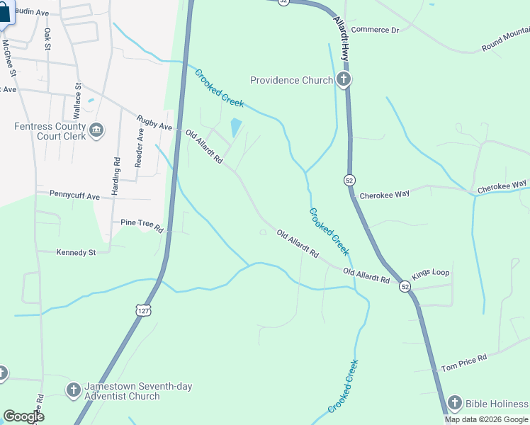 map of restaurants, bars, coffee shops, grocery stores, and more near 1319 Old Allardt Road in Jamestown
