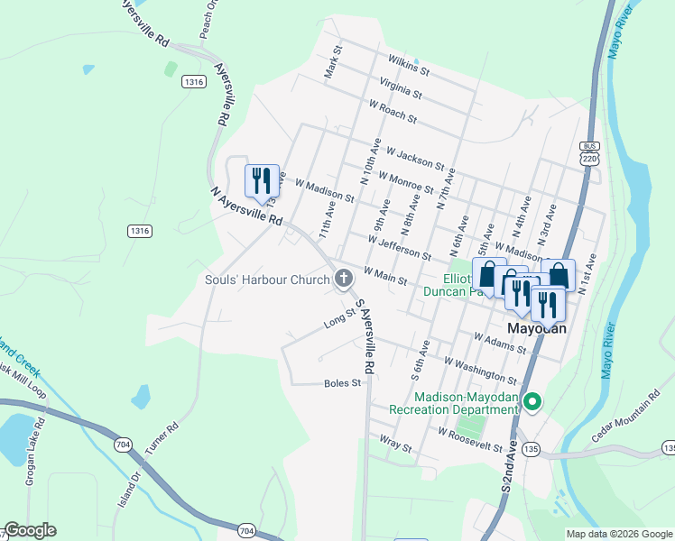 map of restaurants, bars, coffee shops, grocery stores, and more near 107 North Ayersville Road in Mayodan