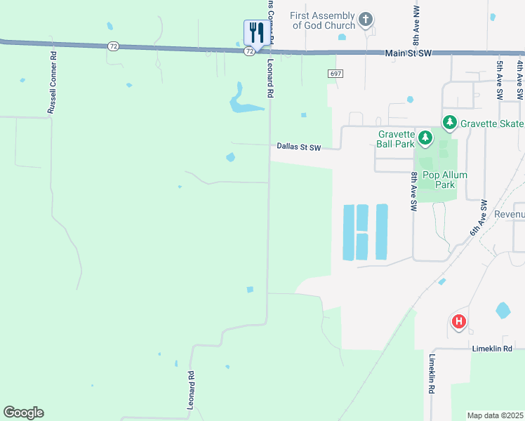 map of restaurants, bars, coffee shops, grocery stores, and more near 12523 Leonard Road in Gravette