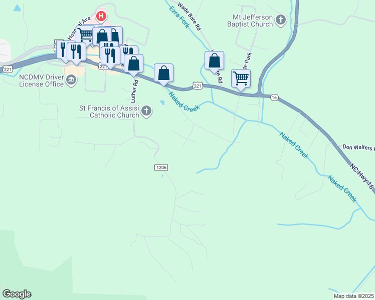 map of restaurants, bars, coffee shops, grocery stores, and more near 223 Jefferson Woods Road in Jefferson