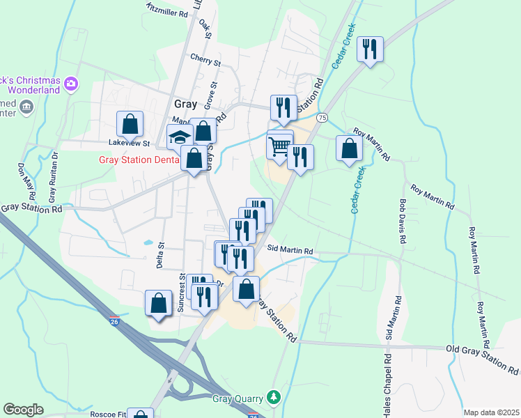 map of restaurants, bars, coffee shops, grocery stores, and more near 5205 Bobby Hicks Highway in Johnson City