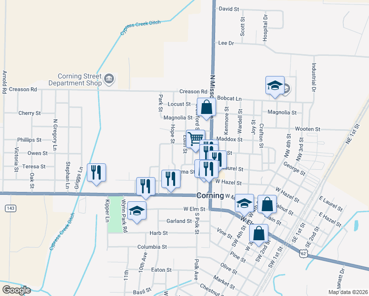 map of restaurants, bars, coffee shops, grocery stores, and more near 208 Edith Street in Corning