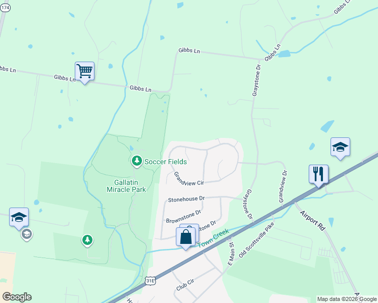 map of restaurants, bars, coffee shops, grocery stores, and more near 114 Robin Point in Gallatin