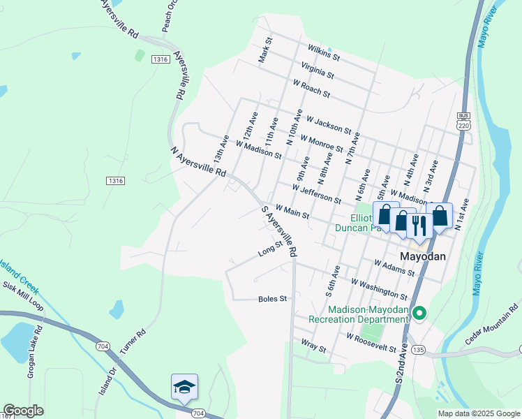 map of restaurants, bars, coffee shops, grocery stores, and more near 107 North Ayersville Road in Mayodan