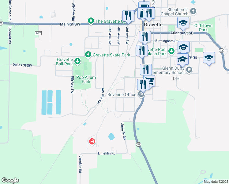 map of restaurants, bars, coffee shops, grocery stores, and more near 4 Avenue Southwest in Gravette