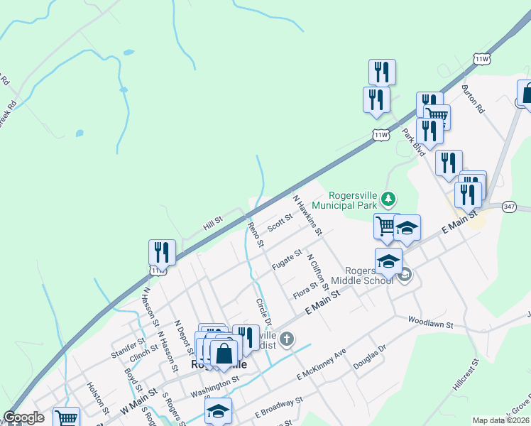 map of restaurants, bars, coffee shops, grocery stores, and more near 605 Scott Street in Rogersville