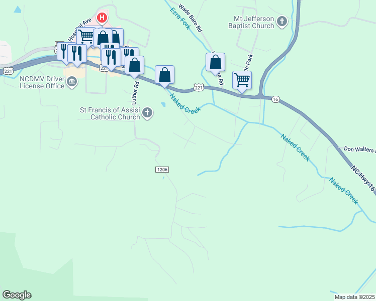 map of restaurants, bars, coffee shops, grocery stores, and more near 223 Jefferson Woods Road in Jefferson