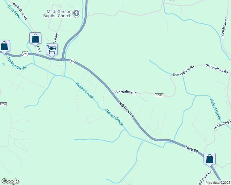 map of restaurants, bars, coffee shops, grocery stores, and more near 599 North Carolina 16 in Jefferson