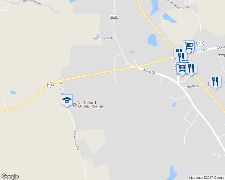 map of restaurants, bars, coffee shops, grocery stores, and more near 535 U.S. 158 in Yanceyville