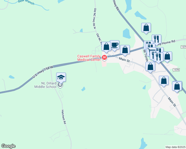 map of restaurants, bars, coffee shops, grocery stores, and more near 535 U.S. 158 in Yanceyville