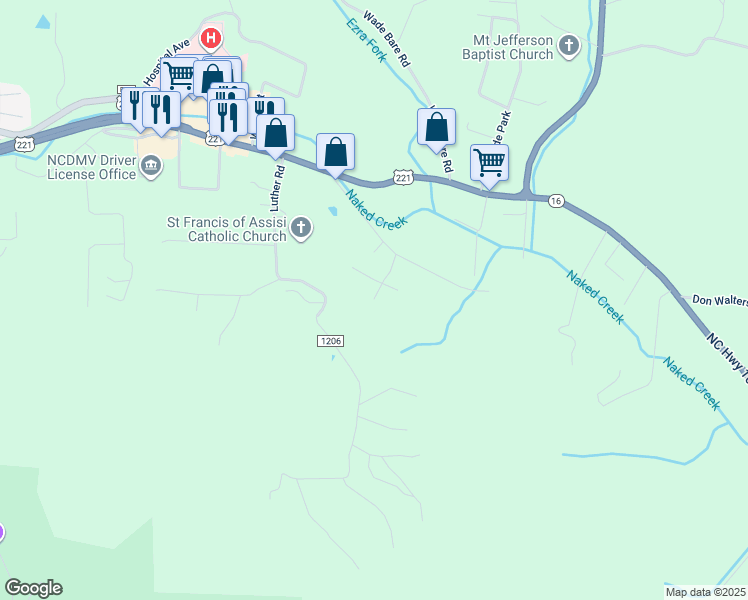 map of restaurants, bars, coffee shops, grocery stores, and more near 209 Jefferson Woods Road in Jefferson