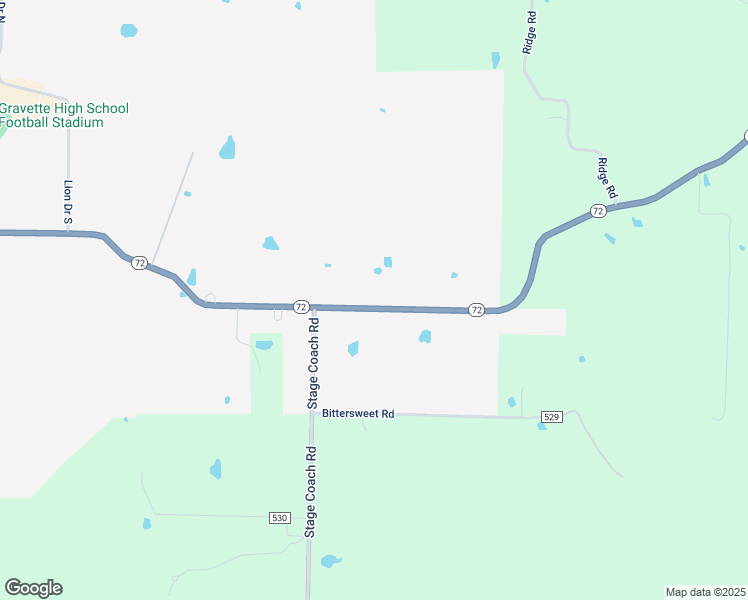 map of restaurants, bars, coffee shops, grocery stores, and more near 17624 Arkansas 72 in Gravette