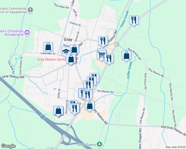map of restaurants, bars, coffee shops, grocery stores, and more near 149 Old Gray Station Road in Gray
