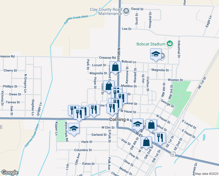 map of restaurants, bars, coffee shops, grocery stores, and more near 311 A B Crawford in Corning