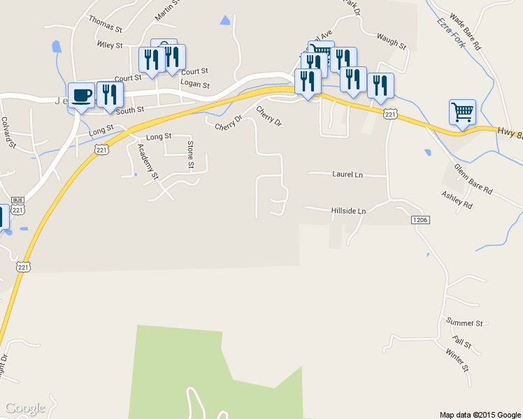 map of restaurants, bars, coffee shops, grocery stores, and more near 201 Forest Oak Lane in Jefferson