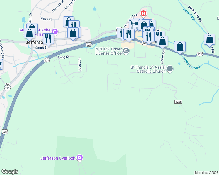 map of restaurants, bars, coffee shops, grocery stores, and more near 201 Forest Oak Lane in Jefferson