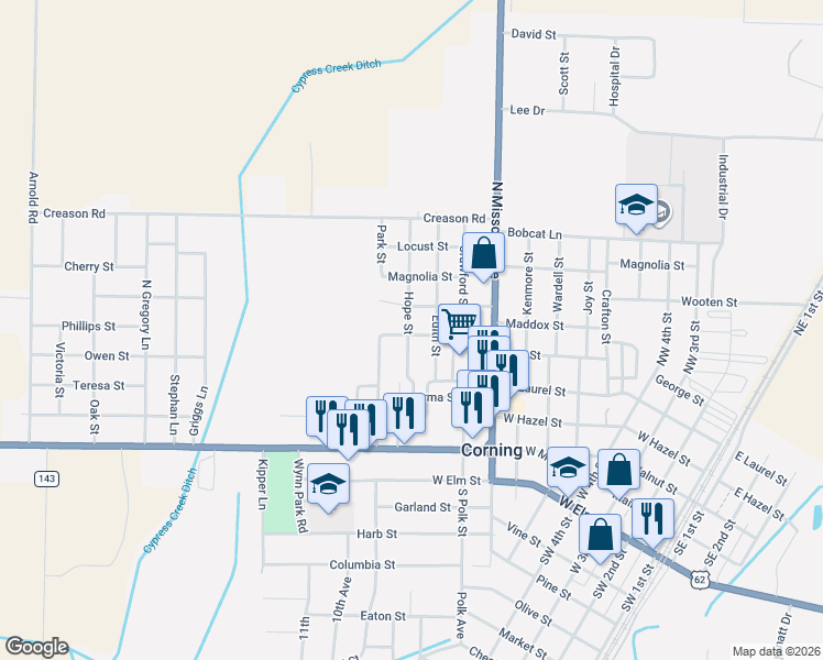 map of restaurants, bars, coffee shops, grocery stores, and more near 310 Hope Street in Corning