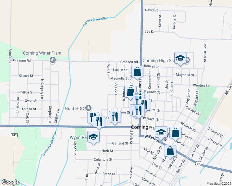 map of restaurants, bars, coffee shops, grocery stores, and more near 310 Hope Street in Corning