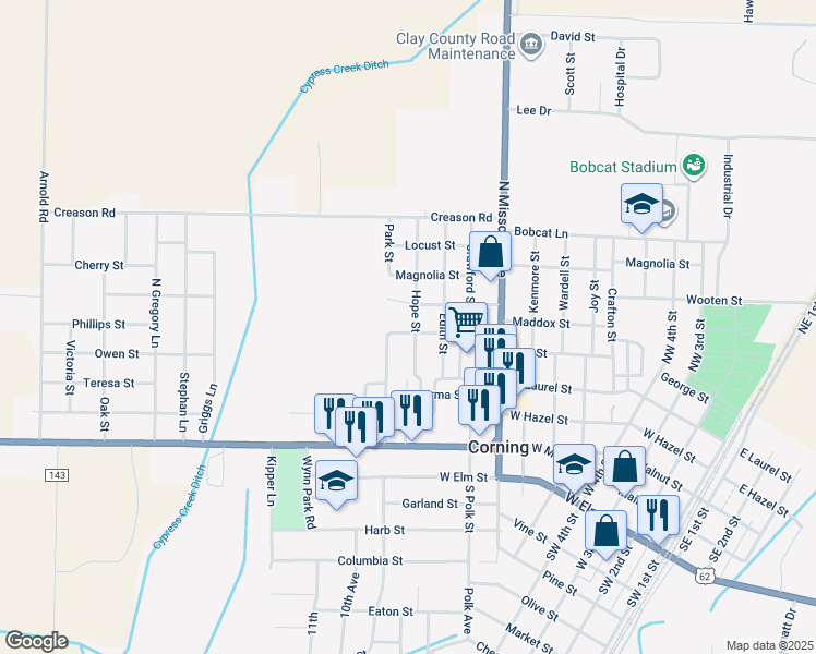 map of restaurants, bars, coffee shops, grocery stores, and more near 310 Hope Street in Corning