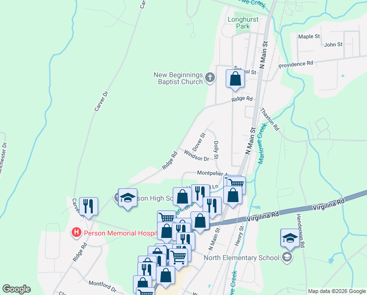 map of restaurants, bars, coffee shops, grocery stores, and more near 1211 Dover Street in Roxboro