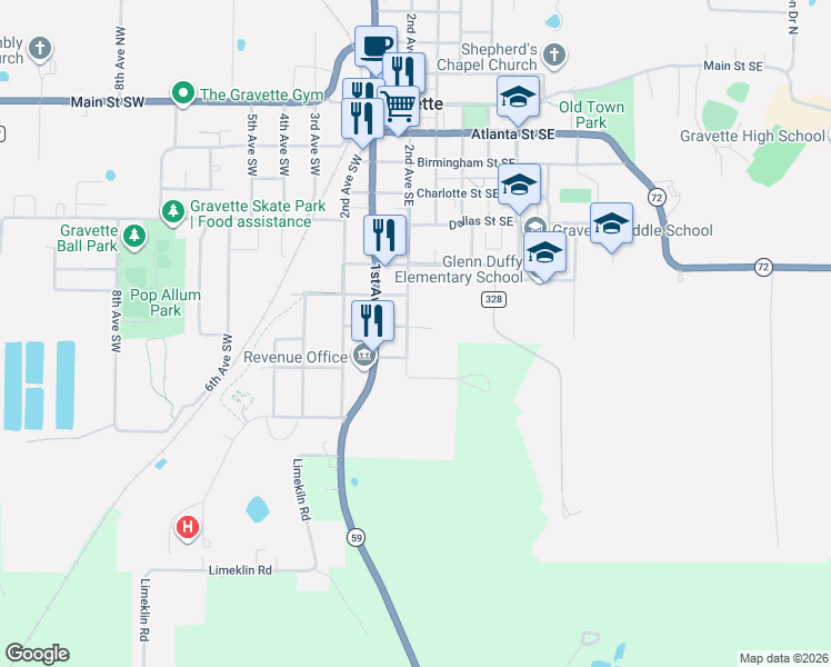 map of restaurants, bars, coffee shops, grocery stores, and more near 711 2nd Avenue Southeast in Gravette