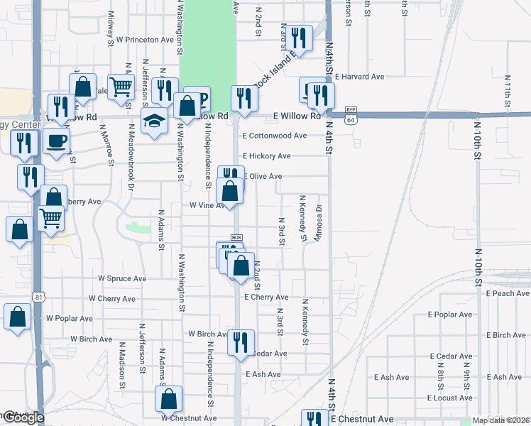 map of restaurants, bars, coffee shops, grocery stores, and more near 209 East Vine Avenue in Enid