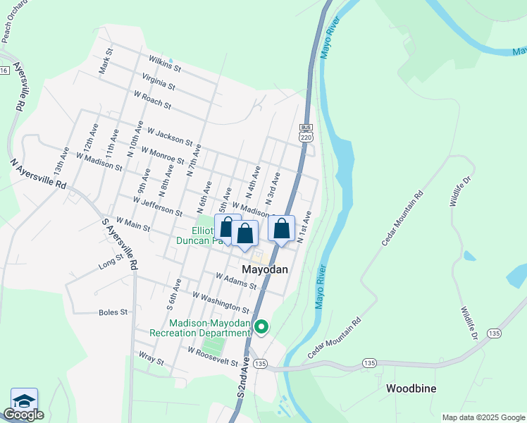 map of restaurants, bars, coffee shops, grocery stores, and more near 303 North 3rd Avenue in Mayodan