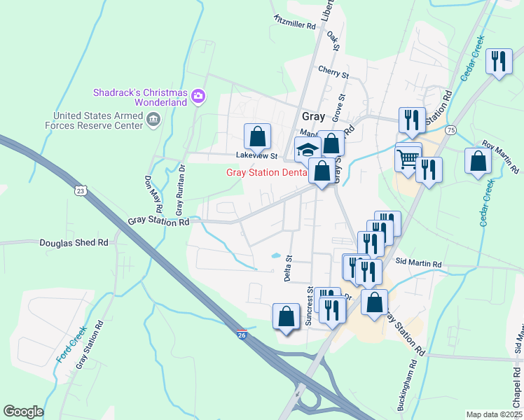 map of restaurants, bars, coffee shops, grocery stores, and more near Gray Station Road in Gray